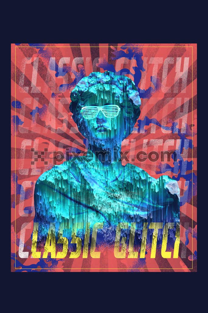 Photomanipulation inspired statue with abstract typography product graphic