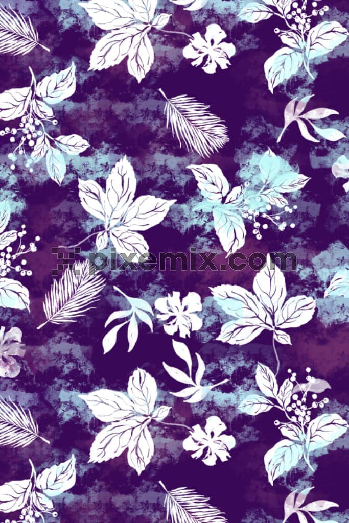 Monochrome leaves and watercolor brush stroke product graphic with seamless repeat pattern