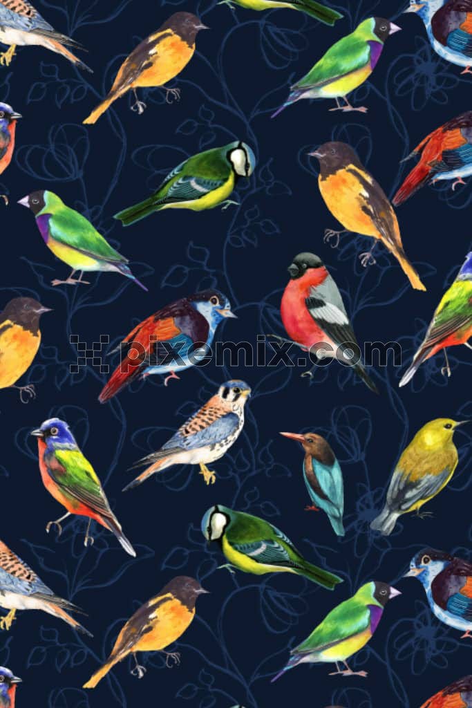 Digital birds and lineart florals product graphic with seamless repeat pattern