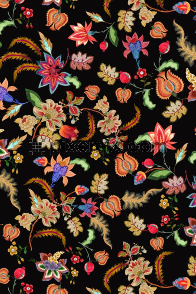 Kalamkari art inspired florals and leaves product graphic with seamless repeat pattern