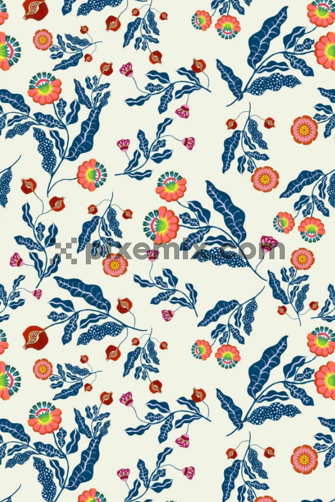 Kalamkari art inspired florals and leaves product graphic with seamless repeat pattern