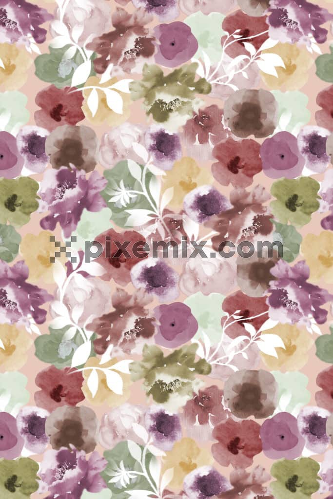 Watercolor florals product graphic with seamless repeat pattern