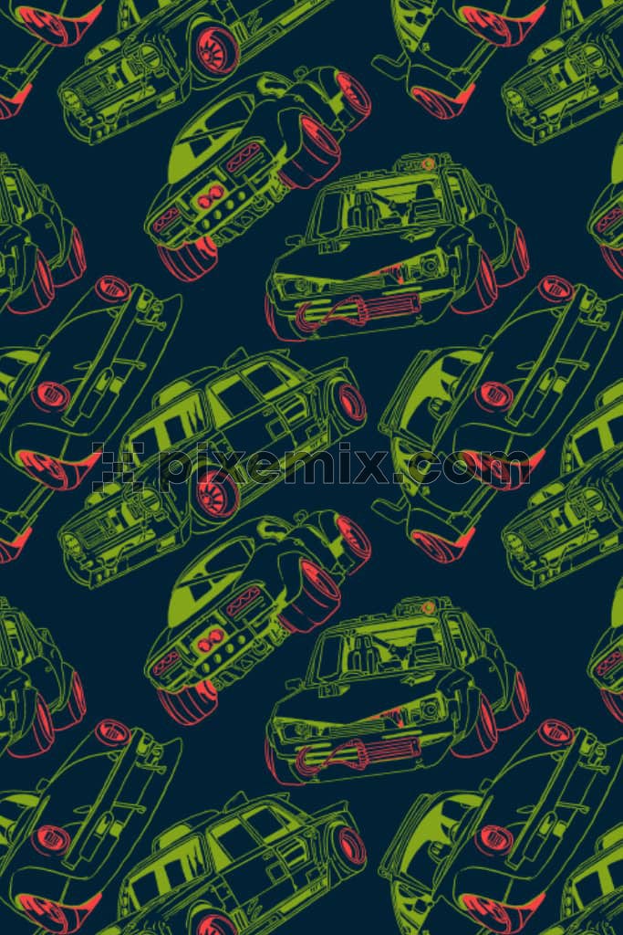 Lineart cartoon car product graphic with seamless repeat pattern