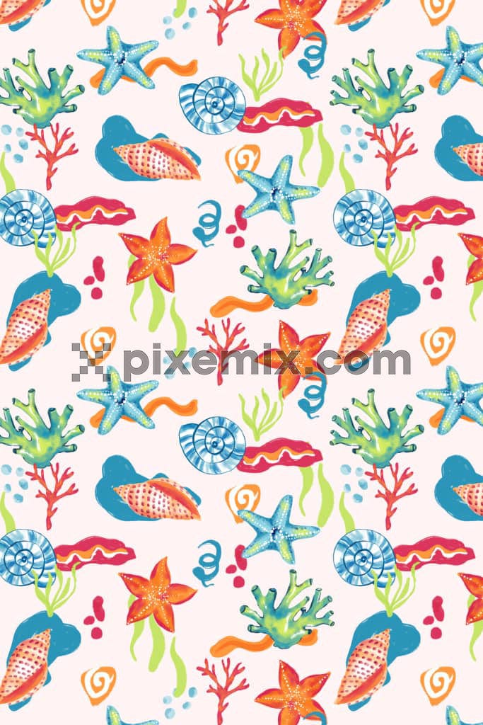 Nautical art inspired underwater animal product graphic with seamless repeat pattern