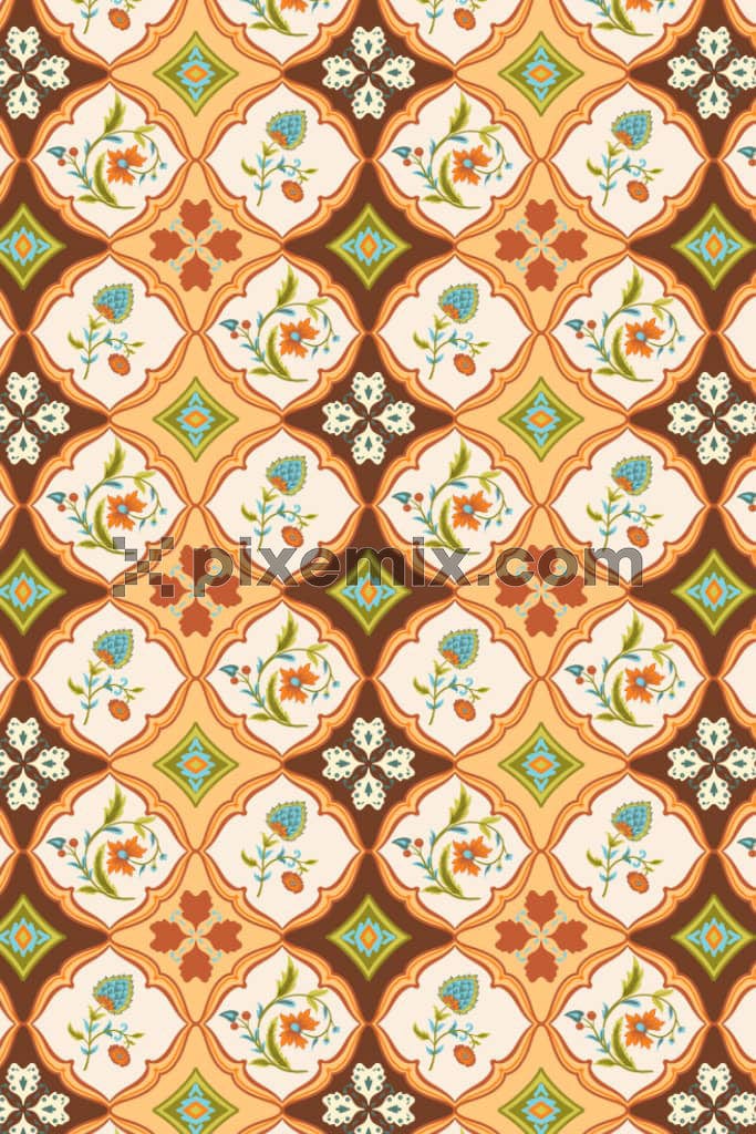 Florals around jalli product graphic with seamless repeat pattern