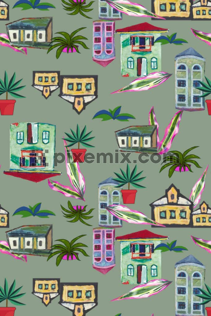 Watercolor house and leaves product graphic with seamless repeat pattern