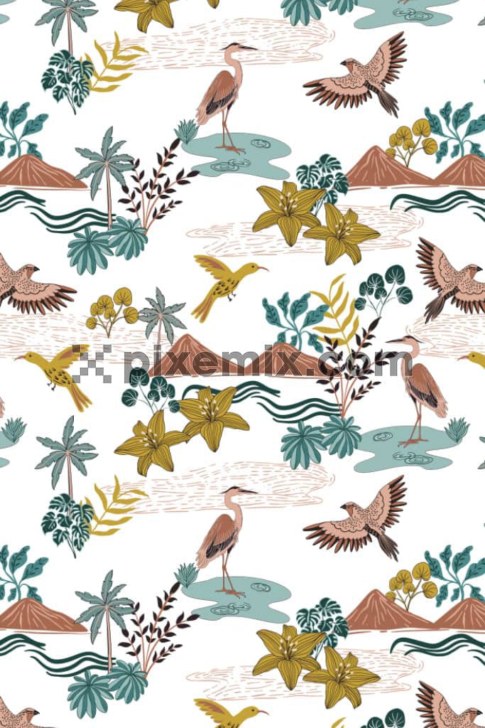 Nature landscape and birds product graphic with seamless repeat pattern