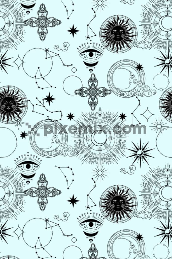Alchemy mystical magic elements product graphic with seamless repeat pattern