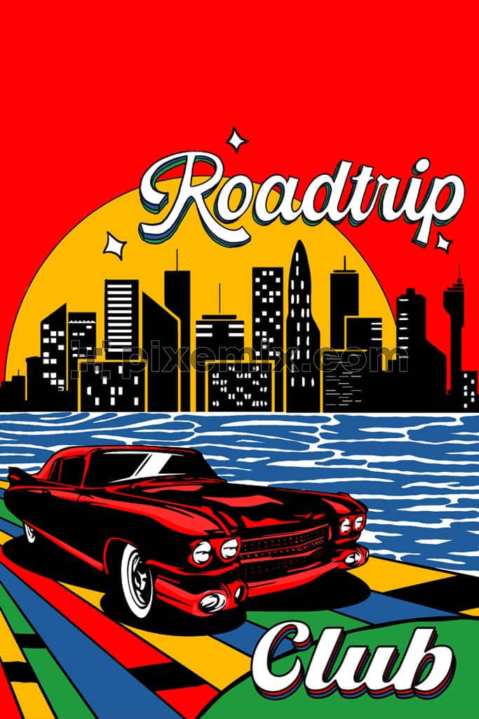 Retro city and vintage car product graphic