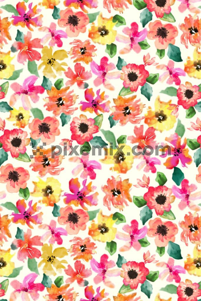 Watercolor floral and leaves product graphic with seamless repeat pattern