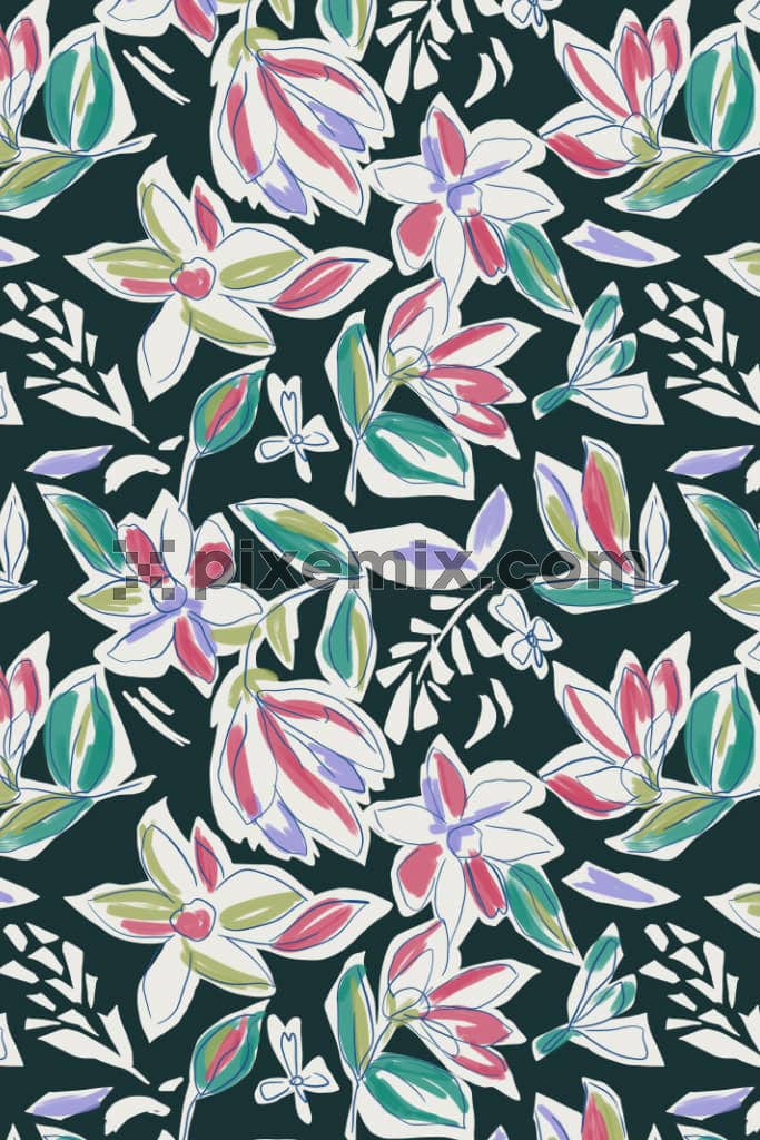 Abstract florals and leaves product graphic with seamless repeat pattern