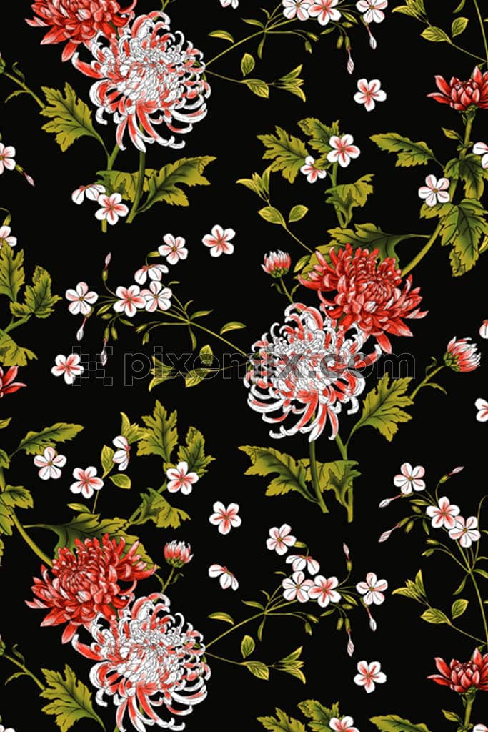 Digital florals product graphic with seamless repeat pattern