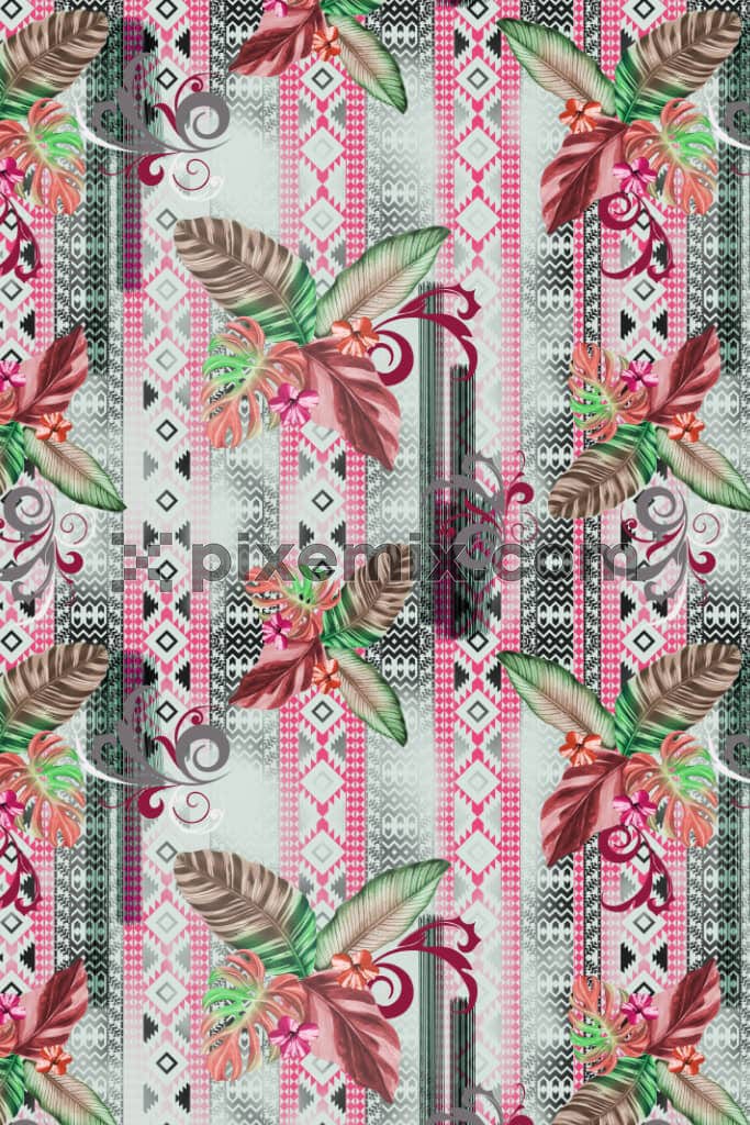 Tropical leaf and tribal stripe product graphic with seamless repeat pattern