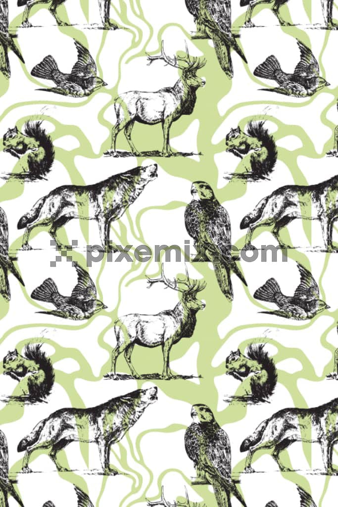 Line-art animals and camouflage product graphic with seamless repeat pattern