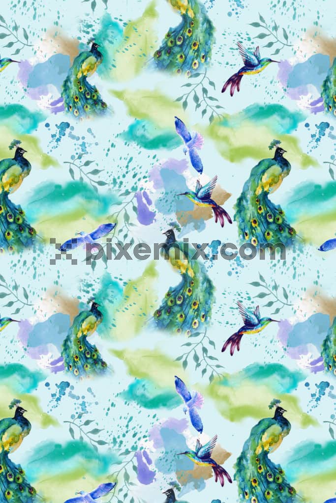 Abstract brush stroke and peacocks product graphic with seamless repeat pattern