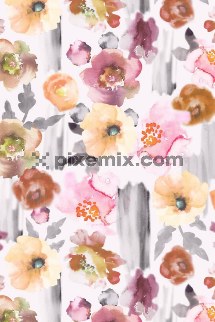 Watercolor brush stroke and florals product graphic with seamless repeat pattern