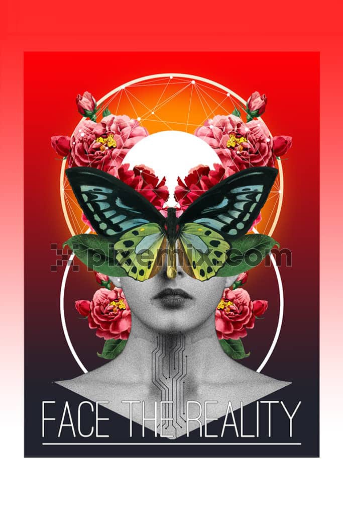Collage art inspired monochrome face with florals product graphic