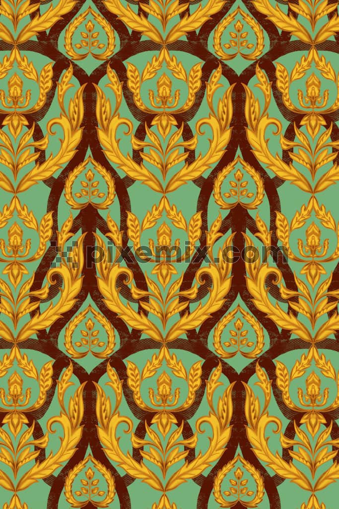 Baroque art inspired leaves product graphic with seamless repeat pattern