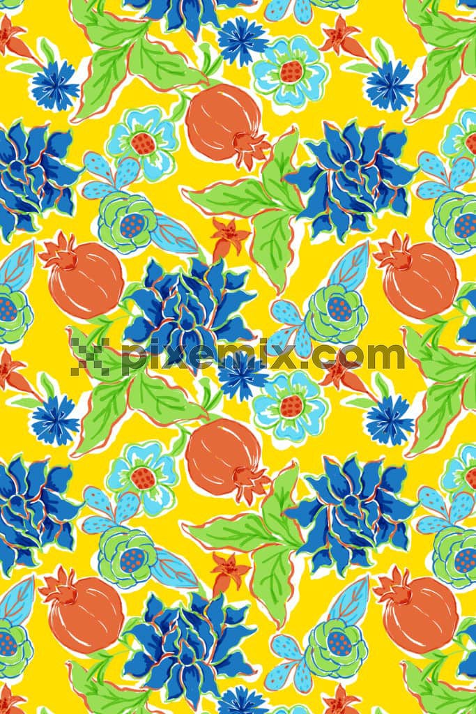 Doodle leaves and fruits product graphic with seamless repeat pattern