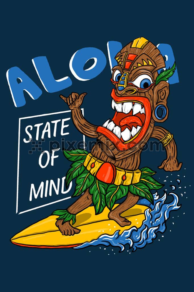Doodle art inspired tribal man on surfing sea product graphic