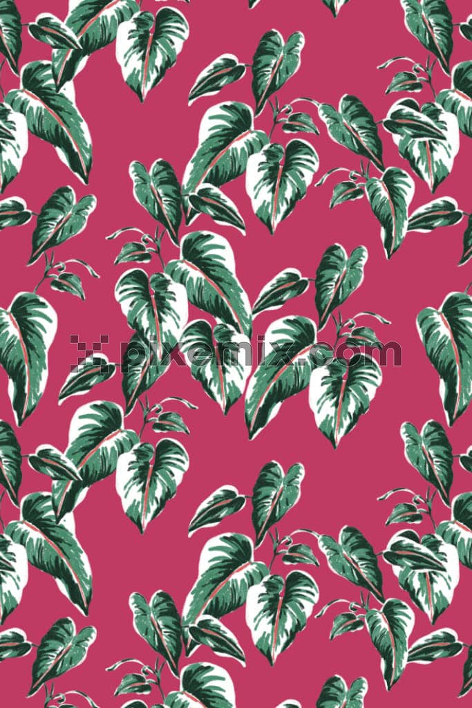 Tropical art inspired watercolor leaves product graphic with seamless repeat pattern