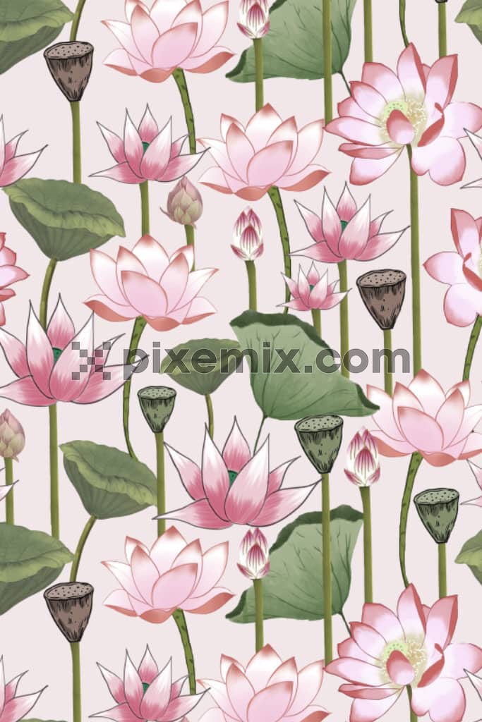 Loutus and leaves product graphic with seamless repeat pattern