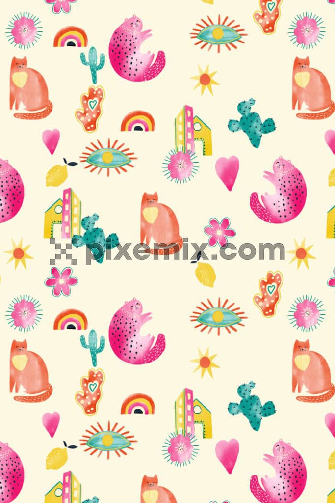 Doodle cat and florals product graphic with seamless repeat pattern