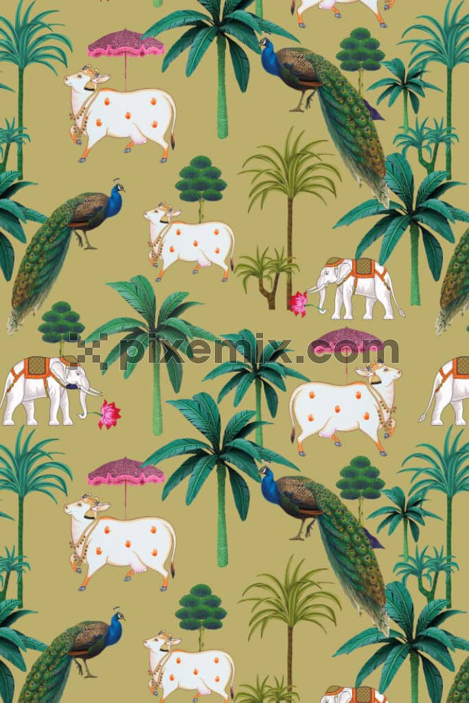 Pichwai art inspired white cow and peacock product graphic with seamless repeat pattern