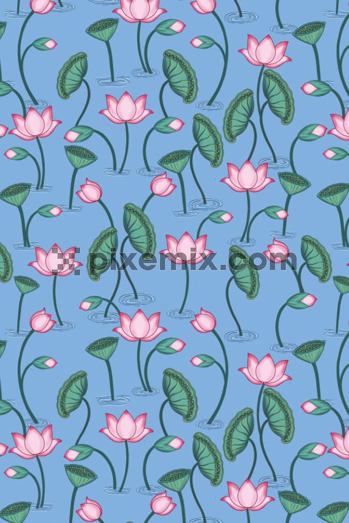 Pichwai art inspired indian lotus and leaves product graphic with seamless repeat pattern