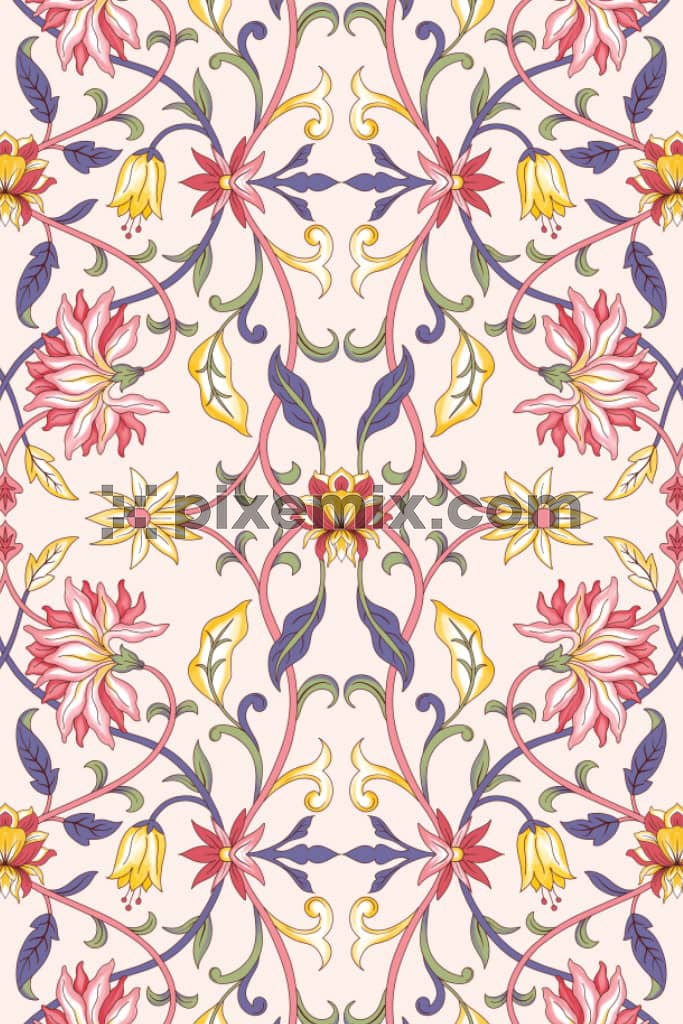 Kalamkari florals and leaves product graphic with seamless repeat pattern