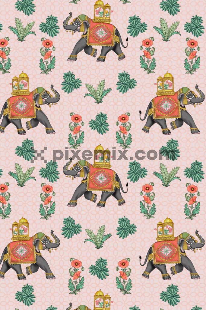 Pichwai art inspired elephant and florals product graphic with seamless repeat pattern