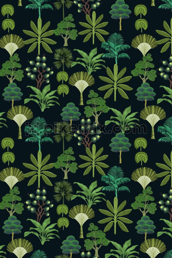 Pichwai art inspired tropical garden product graphic with seamless repeat pattern