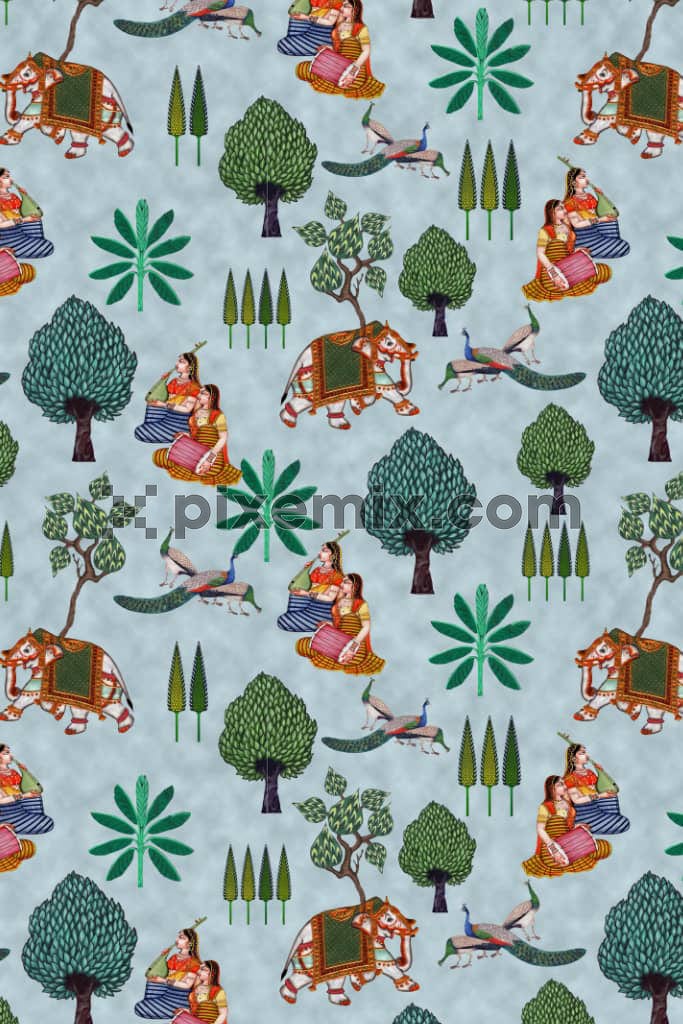Pichwai art inspired mughal graden product graphic with seamless repeat pattern