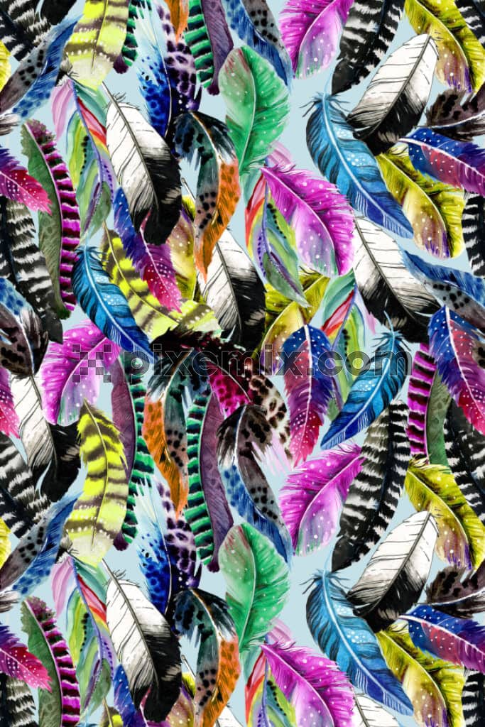 Bohemian art inspired feathers product graphic with seamless repeat pattern