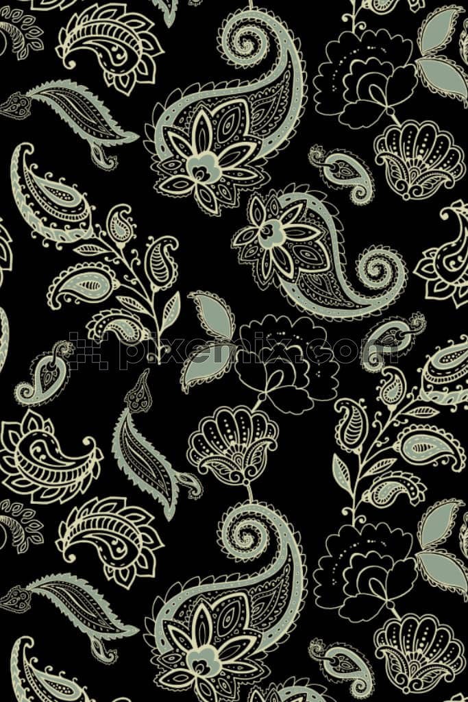 Monotone paisley and kalamkari florals product graphic with seamless repeat pattern