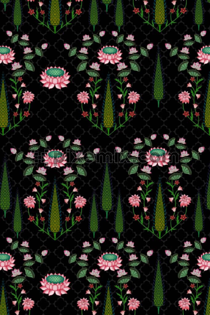 Pichwai florals and leaves product grap[hic with seamless repeat pattern