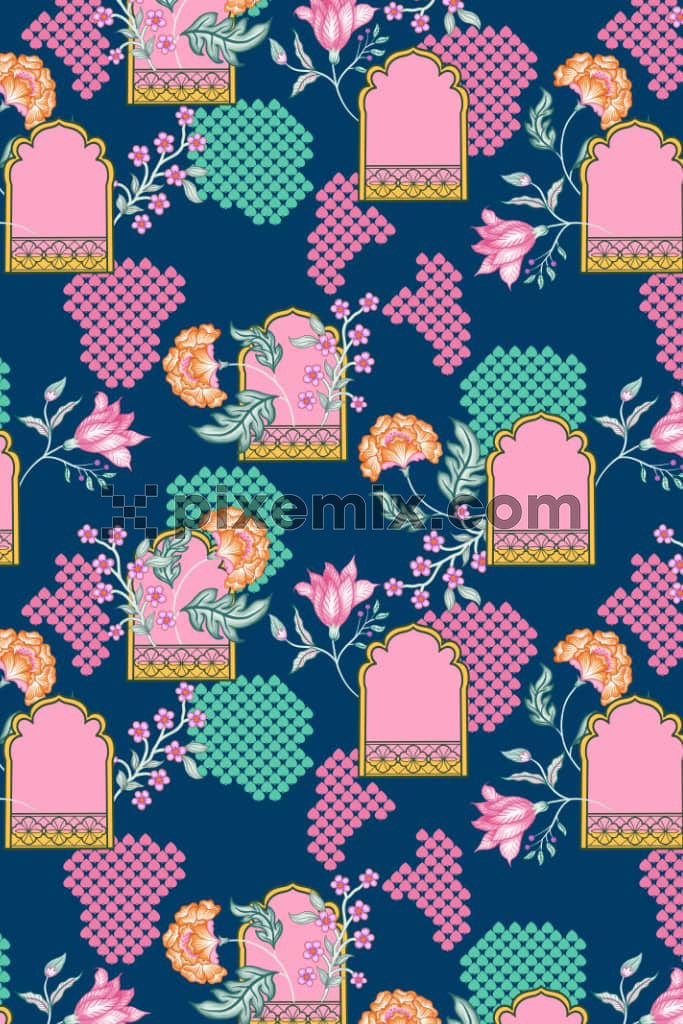 Pichwai art inspired mughal florals and jali product graphic with seamless repeat pattern