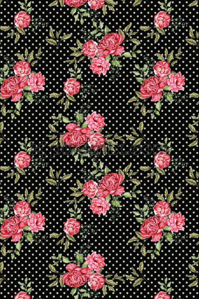 Abstract dot and digital florals and leaves product graphic with seamless repeat pattern