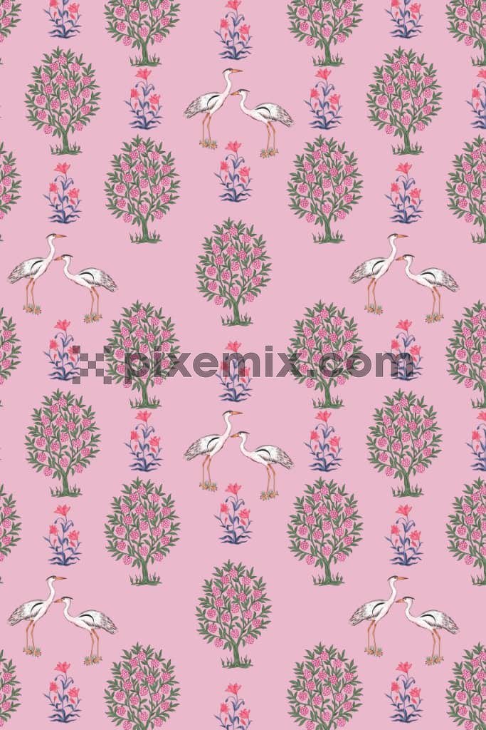 Kalamkari art inspired crane and florals product graphic with seamless repeat pattern
