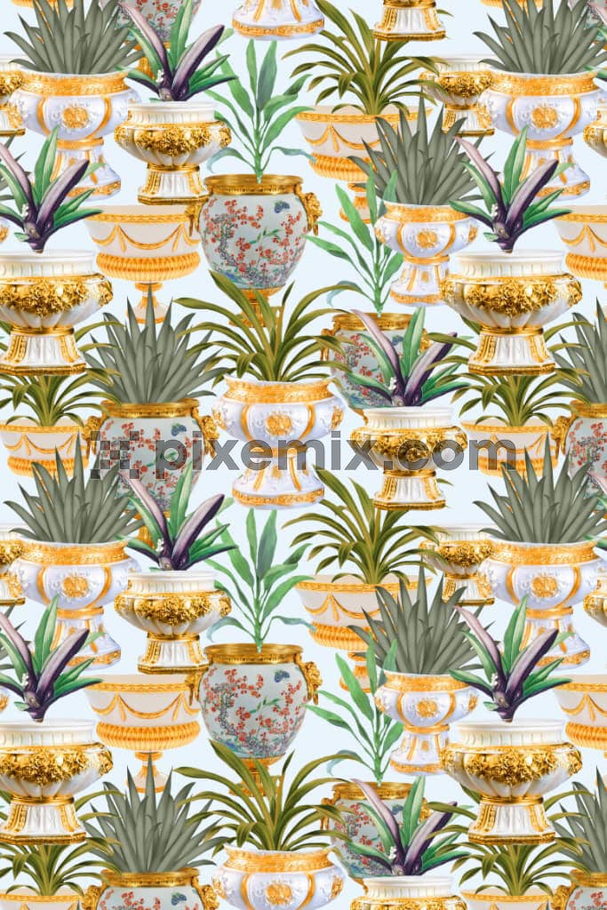 Digital vase and plant product graphic with seamless repeat pattern
