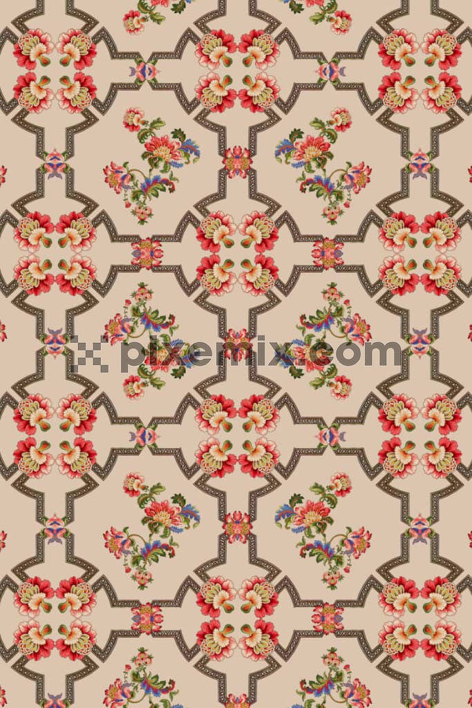 Kalamkari florals and jali product graphic with seamless repeat pattern
