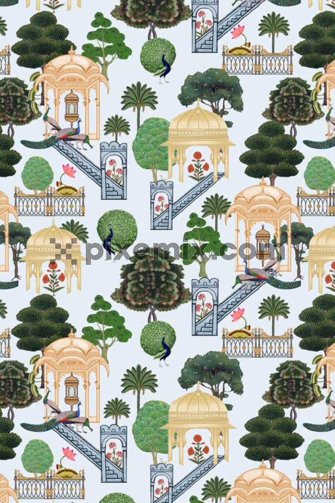 Mughal garden and peacock product graphic with seamless repeat pattern