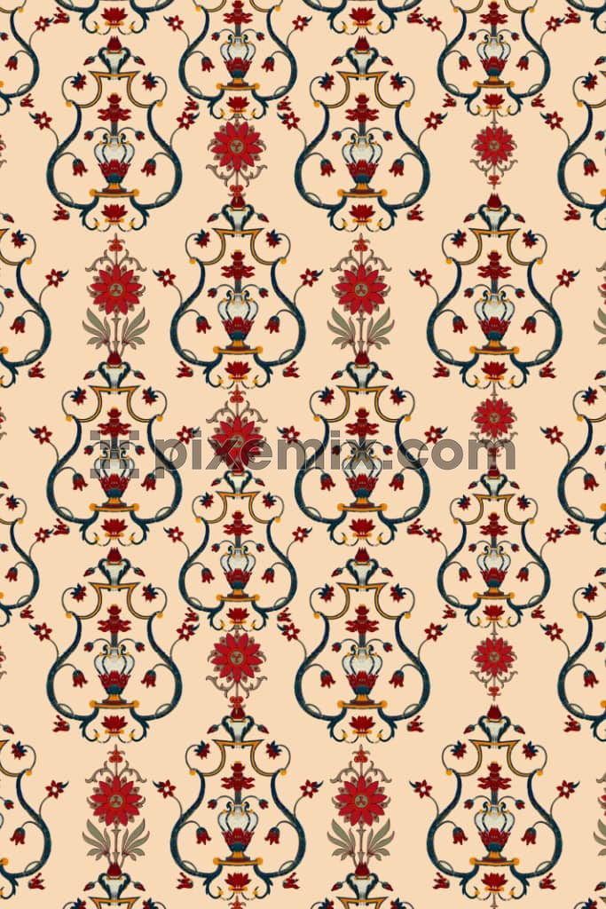 Mughal art inspired florals and vase product graphic with seamless repeat pattern