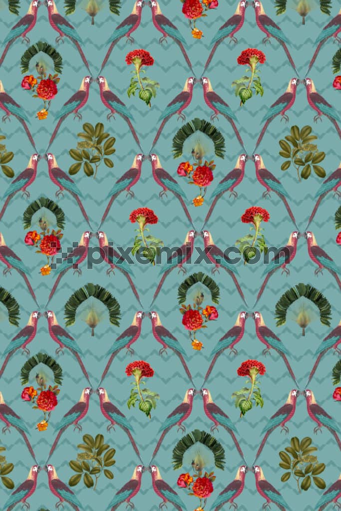Tropical macaw and stripe product graphic with seamless repeat pattern