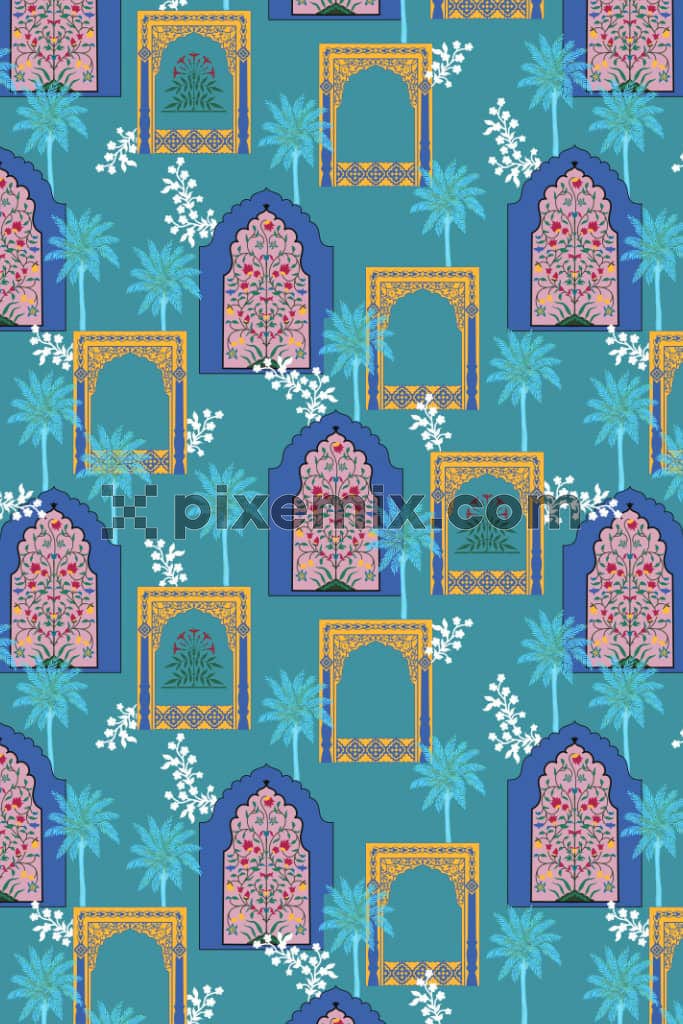 Kalamkari florals and palm tree product graphic with seamless repeat pattern