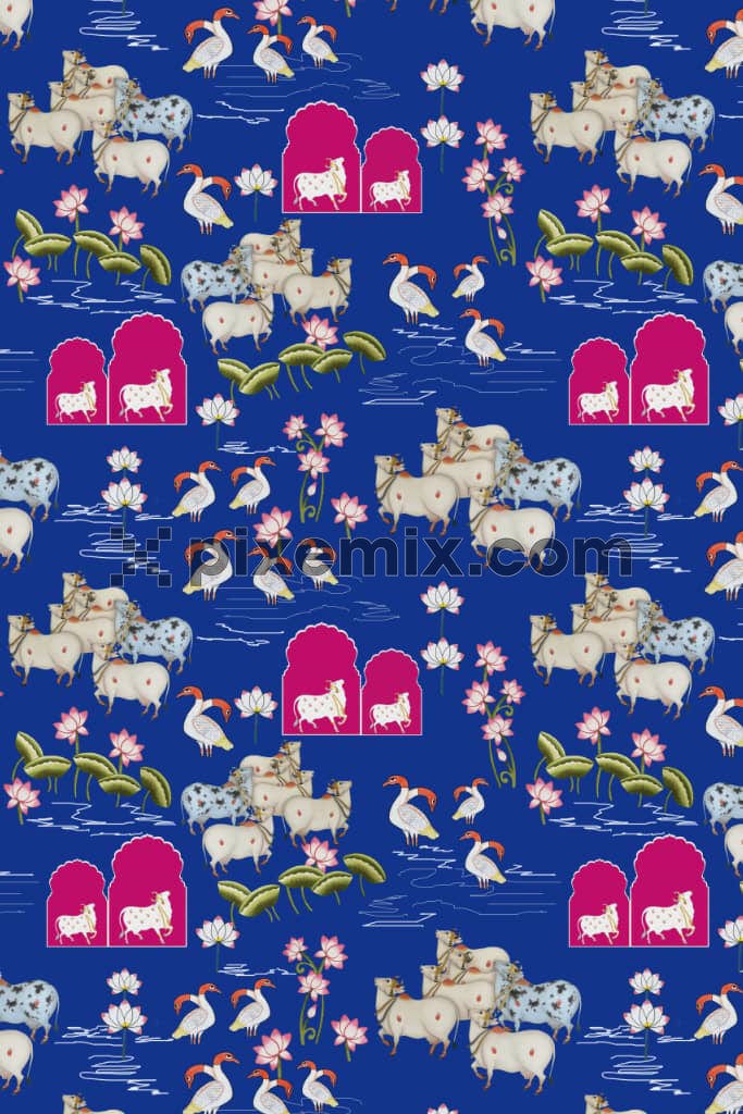 Pichwai art inspired florals and cow product graphic with seamless repeat pattern