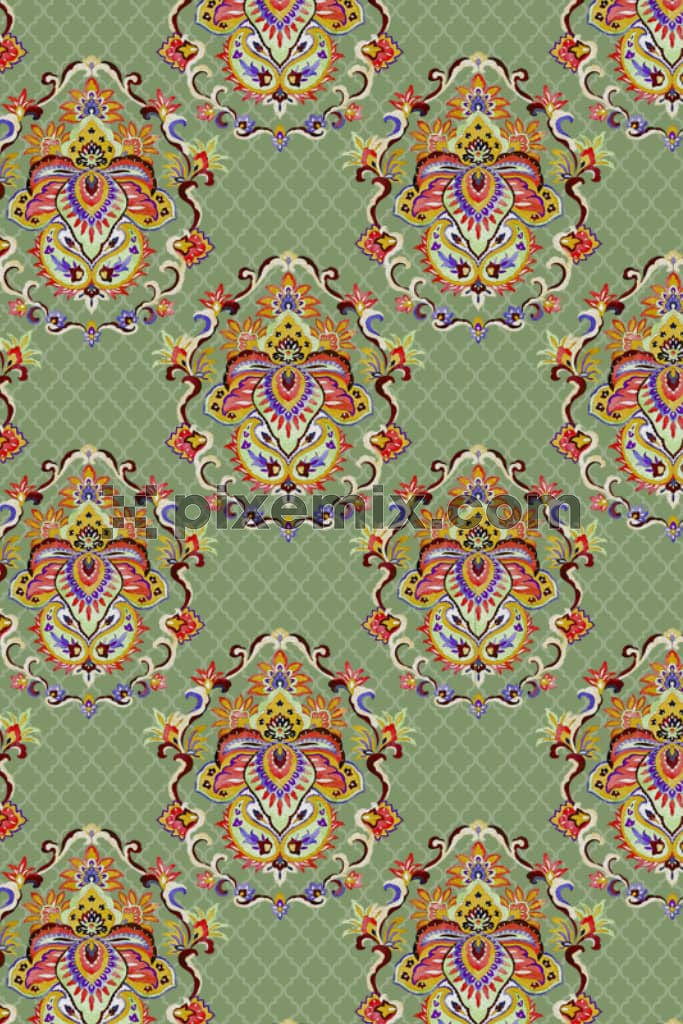 Jali and kalamkari paisley art product graphic with seamless repeat pattern