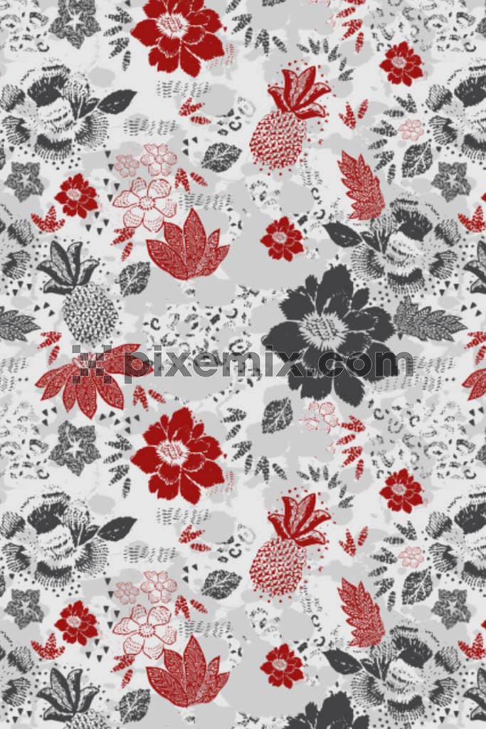 Monochrome florals and pineapple product graphic with seamless repeat pattern
