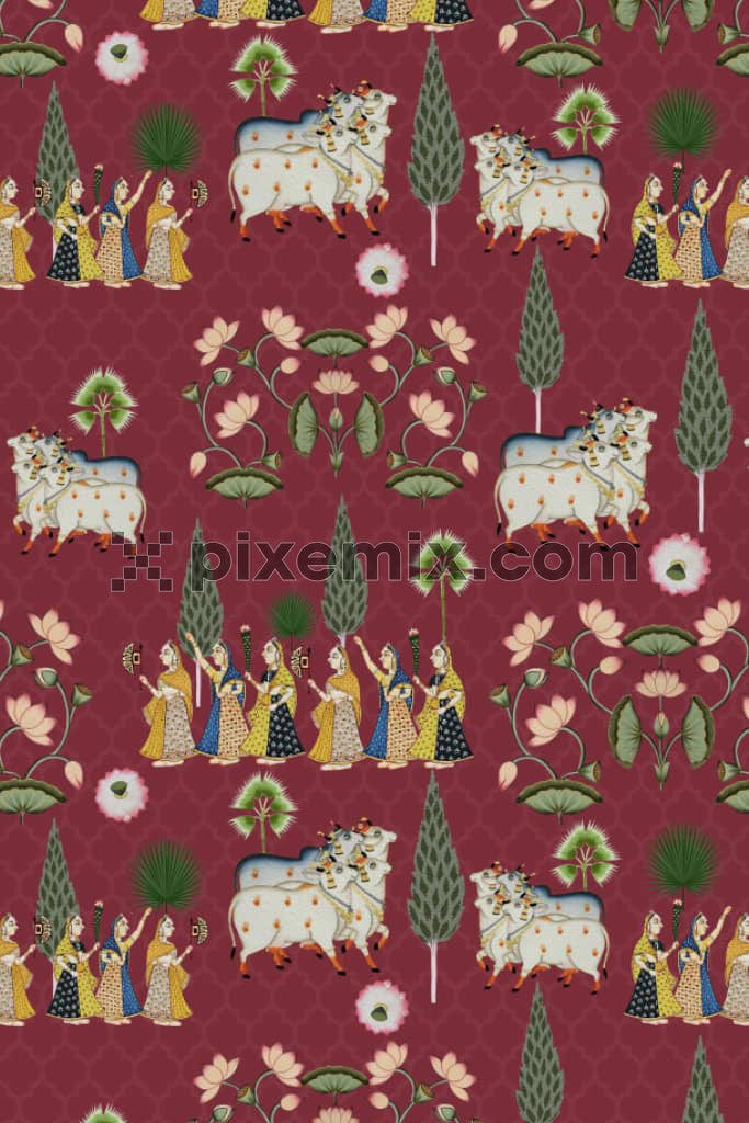 Pichwai florals and cow product graphic with seamless repeat pattern