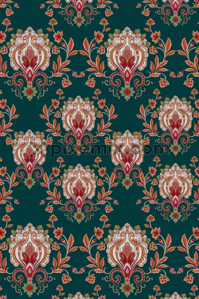 Kalamkari florals and paisley art product graphic with seamless repeat pattern